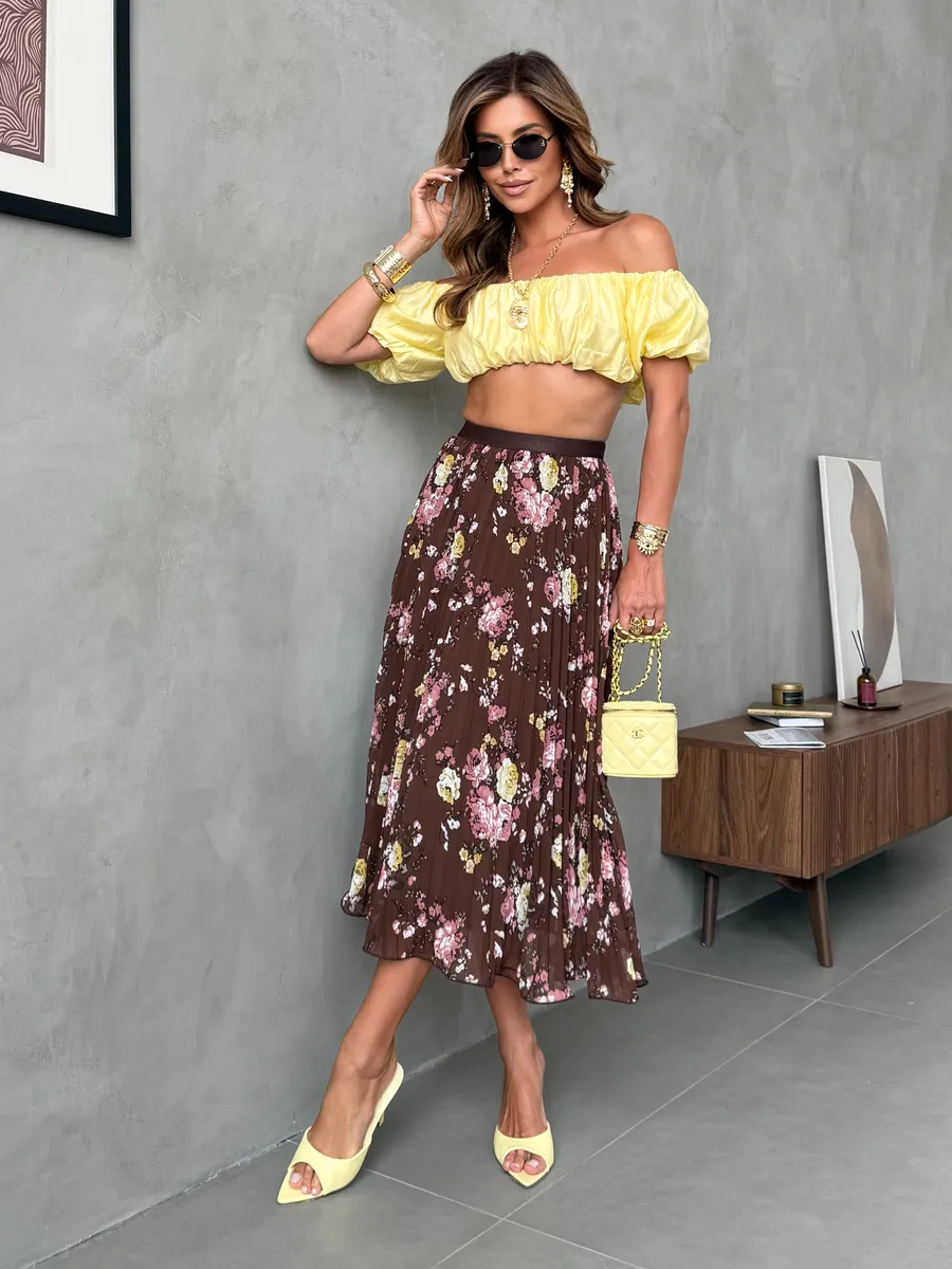 Коричневая длинная летняя юбка миди плиссе