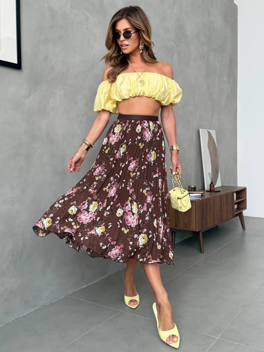 Коричневая длинная летняя юбка миди плиссе