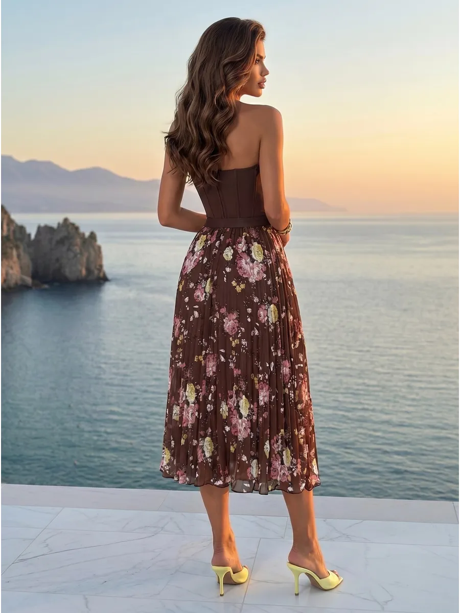 Коричневая длинная летняя юбка миди плиссе