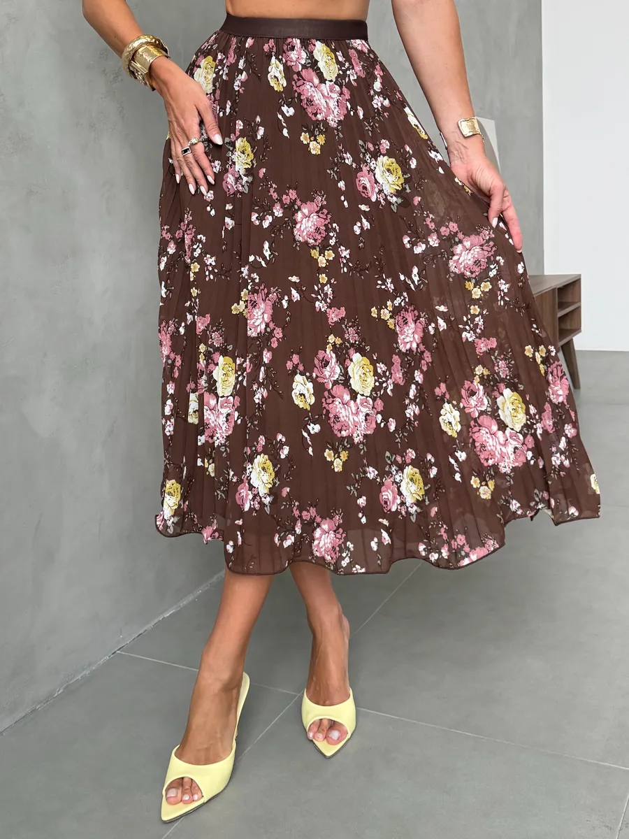 Коричневая длинная летняя юбка миди плиссе