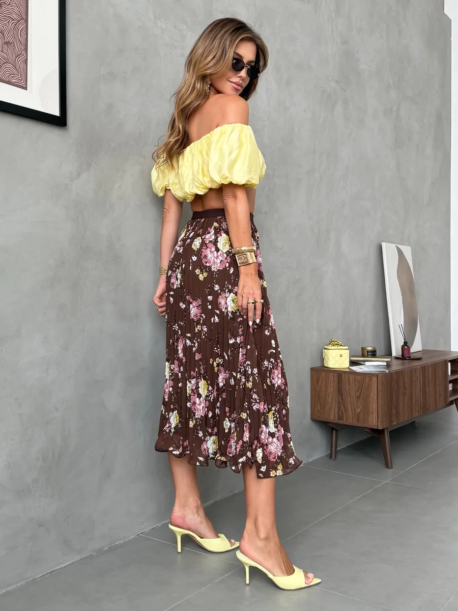 Коричневая длинная летняя юбка миди плиссе