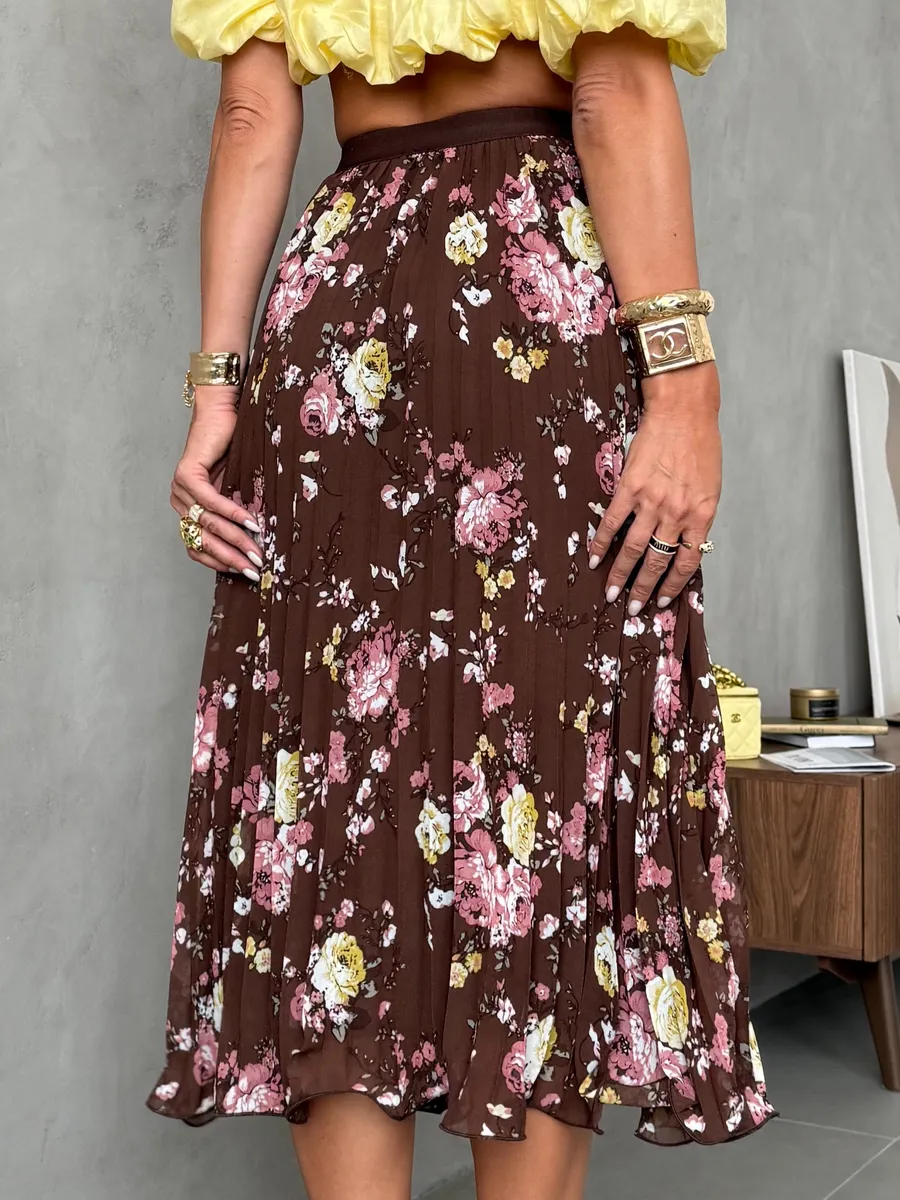 Коричневая длинная летняя юбка миди плиссе