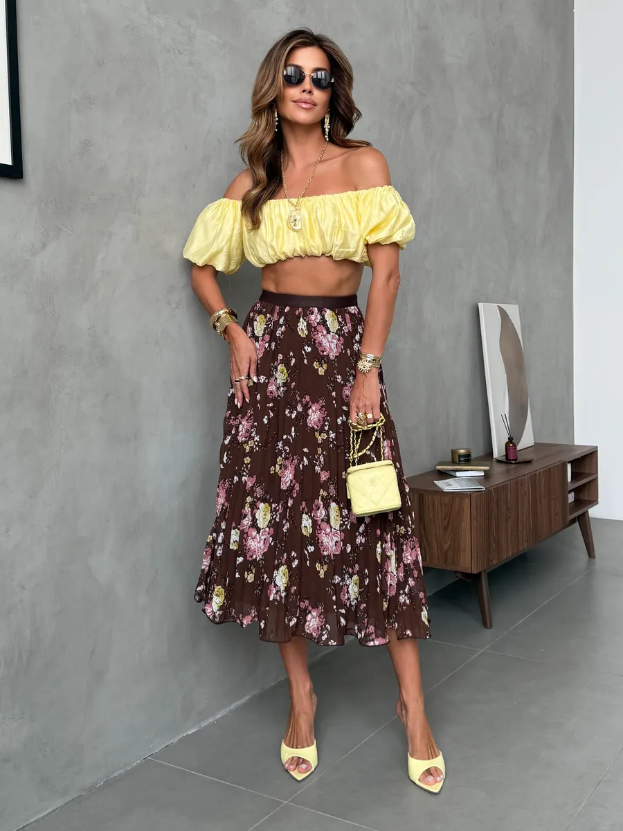 Коричневая длинная летняя юбка миди плиссе