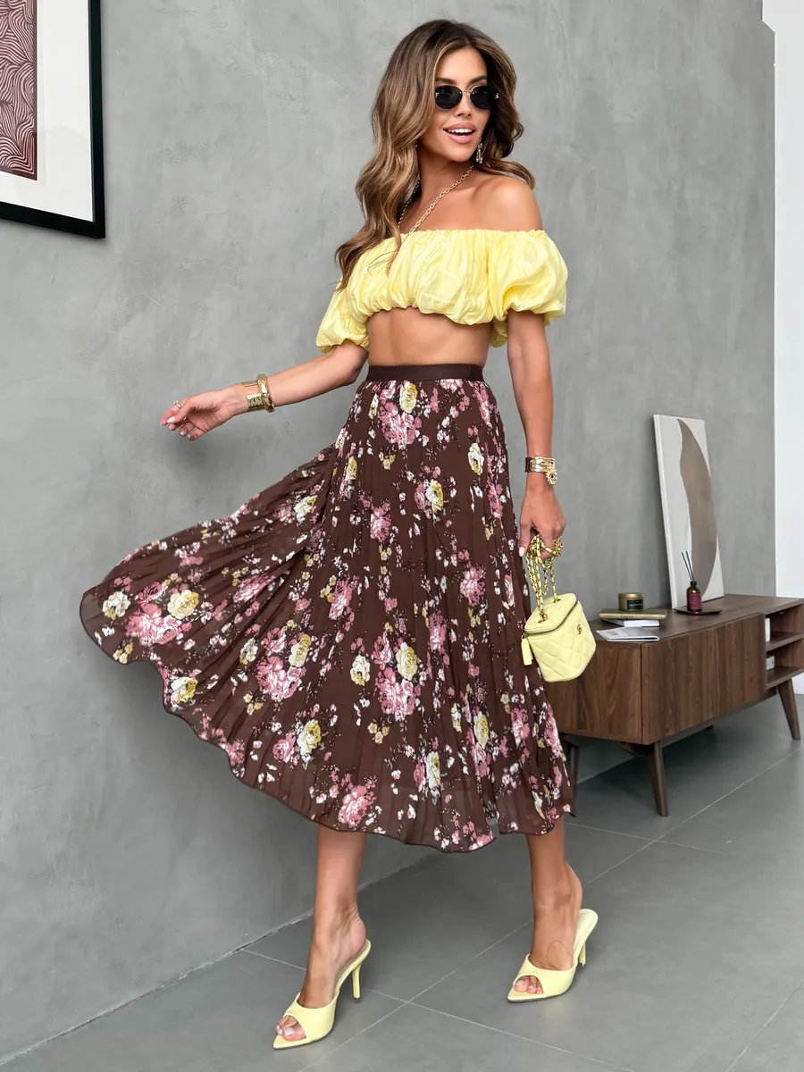 Коричневая длинная летняя юбка миди плиссе