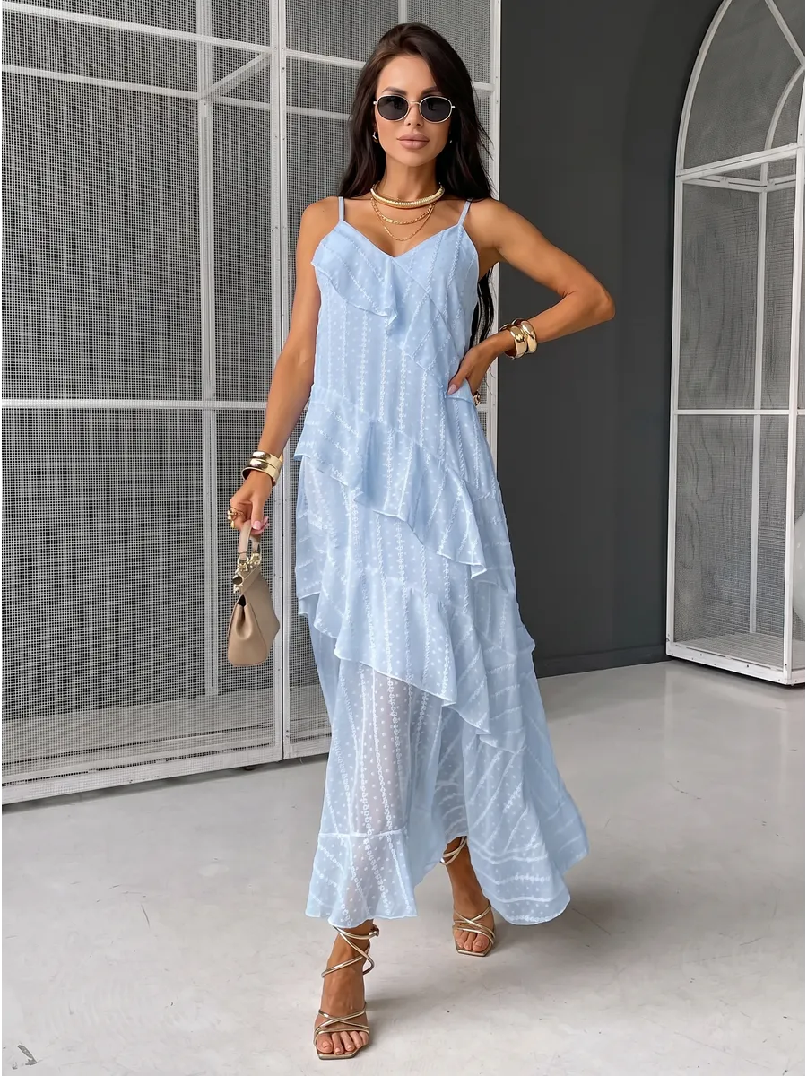 Синее летнее повседневное платье праздничное легкое с воланами