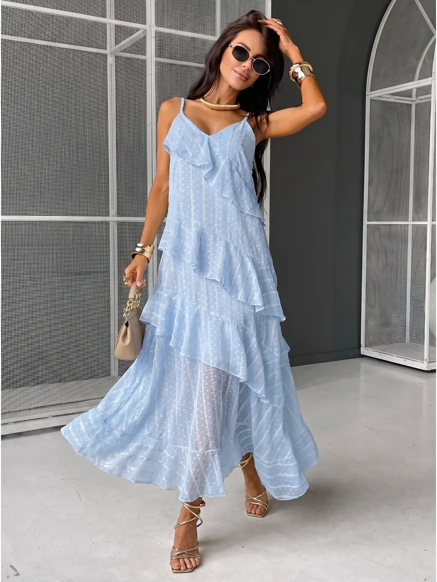 Синее летнее повседневное платье праздничное легкое с воланами