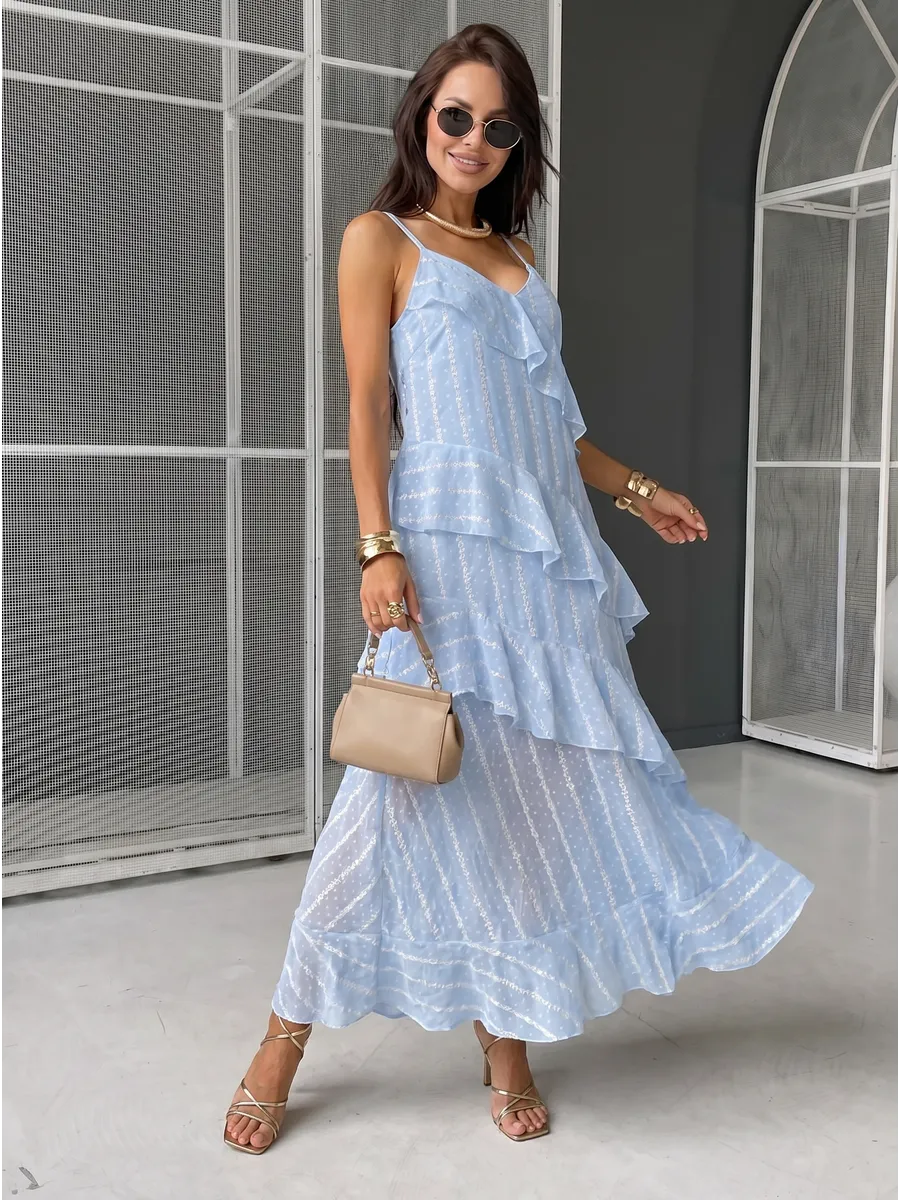 Синее летнее повседневное платье праздничное легкое с воланами
