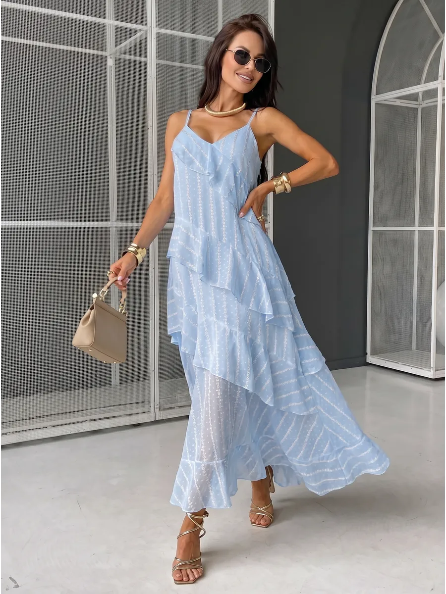 Синее летнее повседневное платье праздничное легкое с воланами