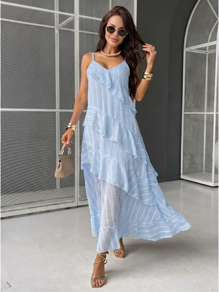 Синее летнее повседневное платье праздничное легкое с воланами