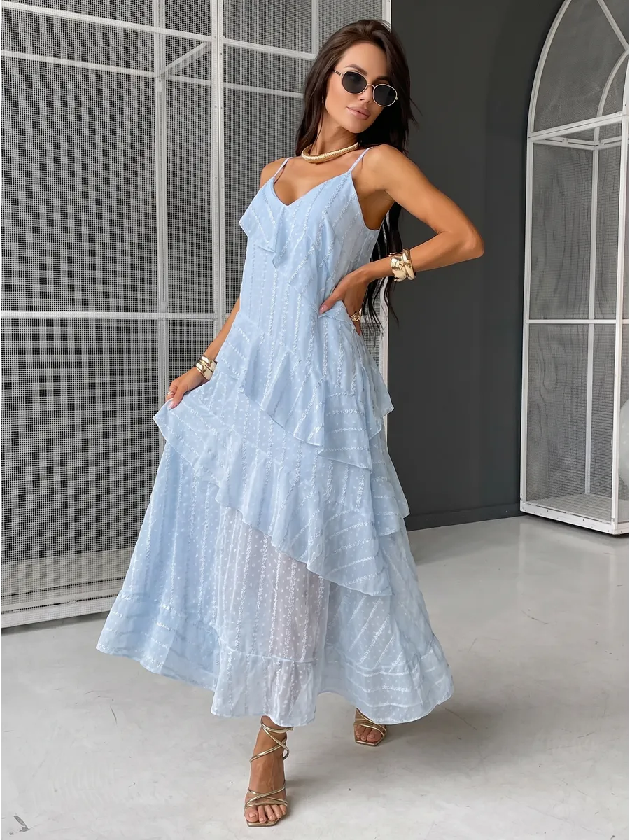 Синее летнее повседневное платье праздничное легкое с воланами