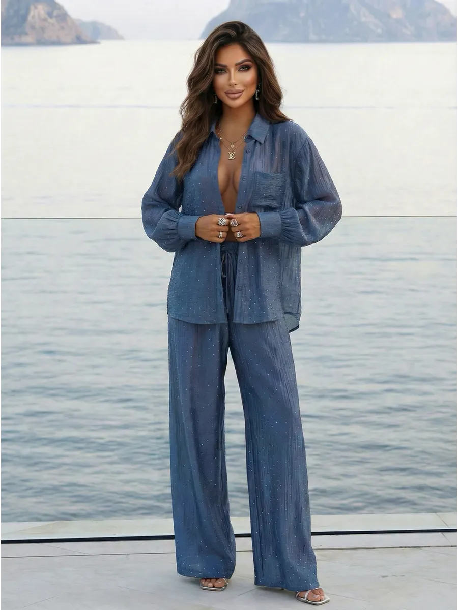 Синий костюм брючный летний