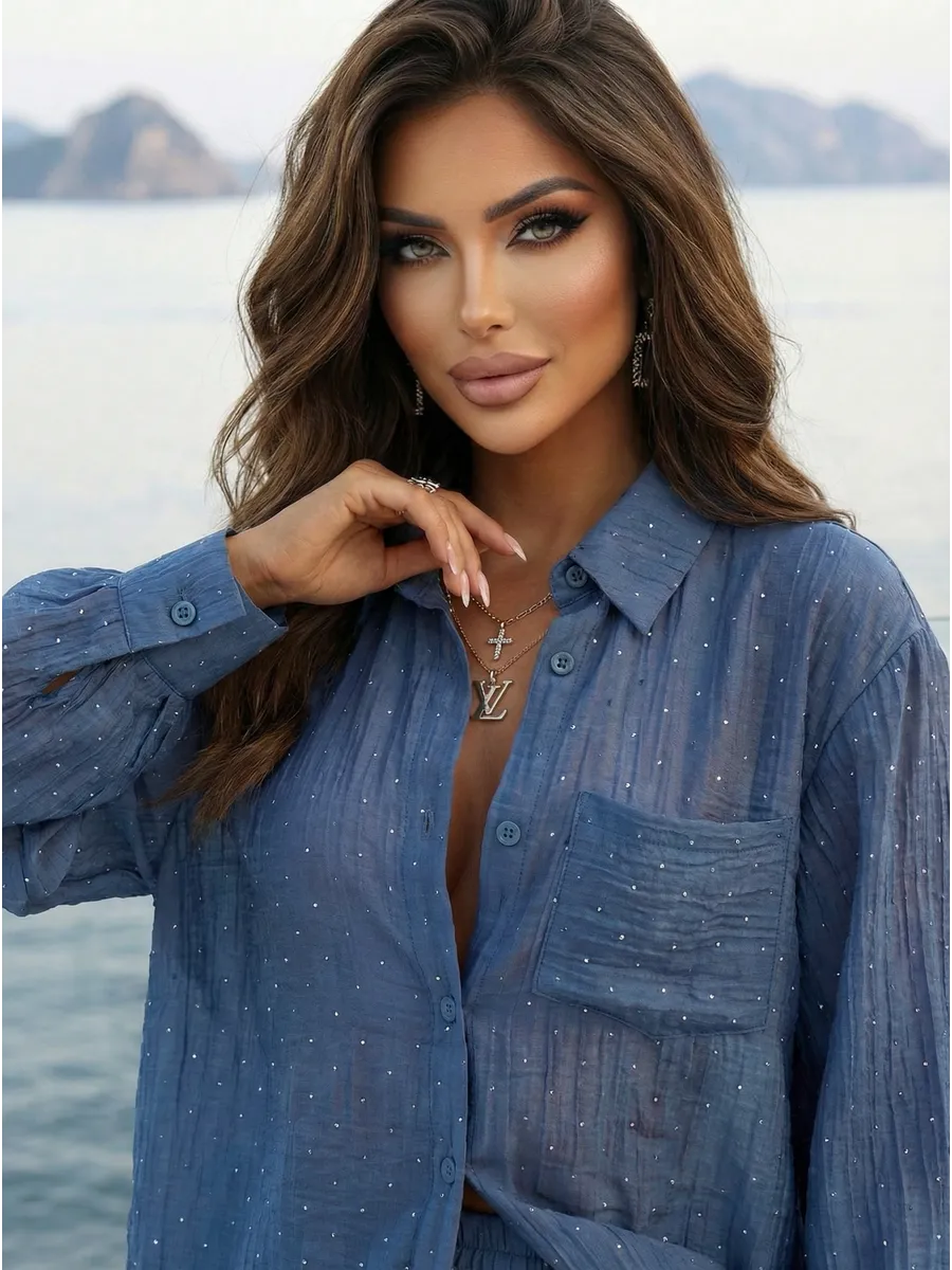 Синий костюм брючный летний