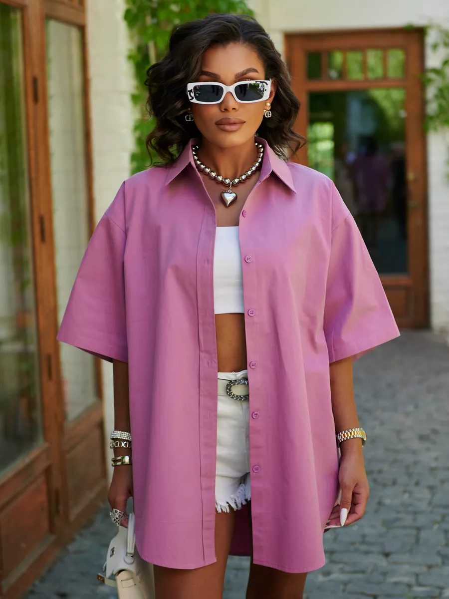 Фиолетовая рубашка оверсайз удлиненная