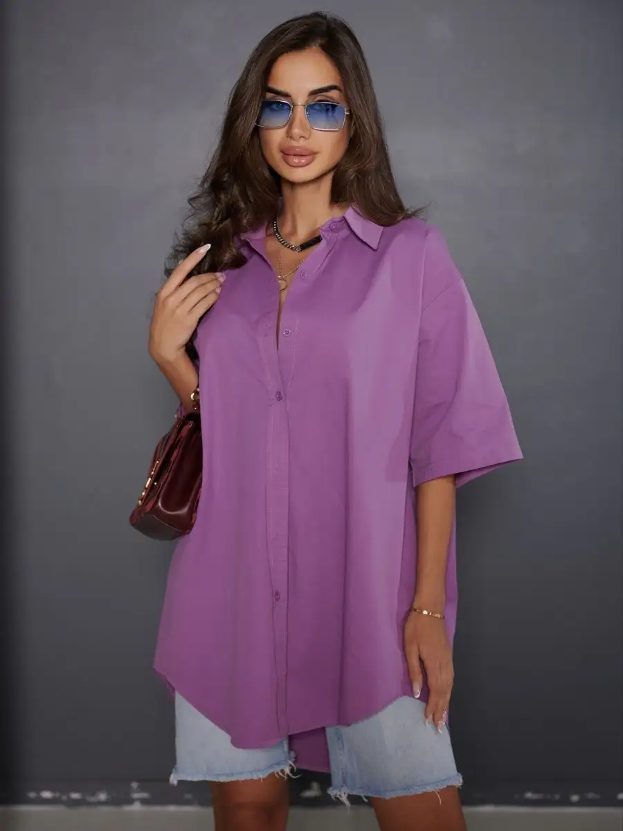 Фиолетовая рубашка оверсайз удлиненная