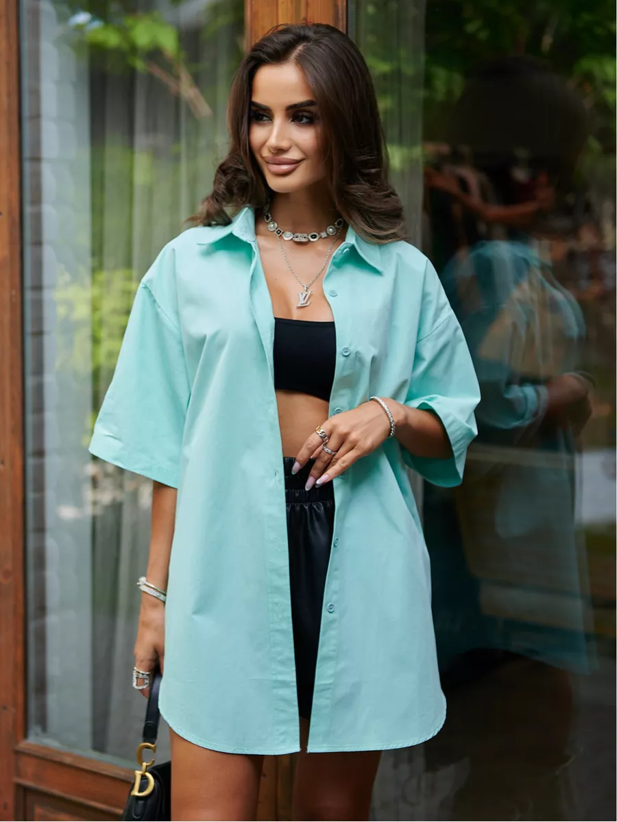 Зеленая рубашка оверсайз удлиненная