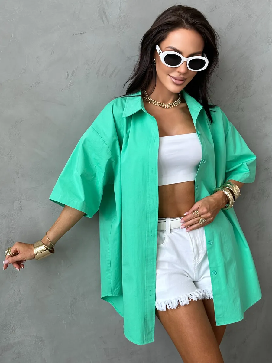 Зеленая рубашка оверсайз удлиненная