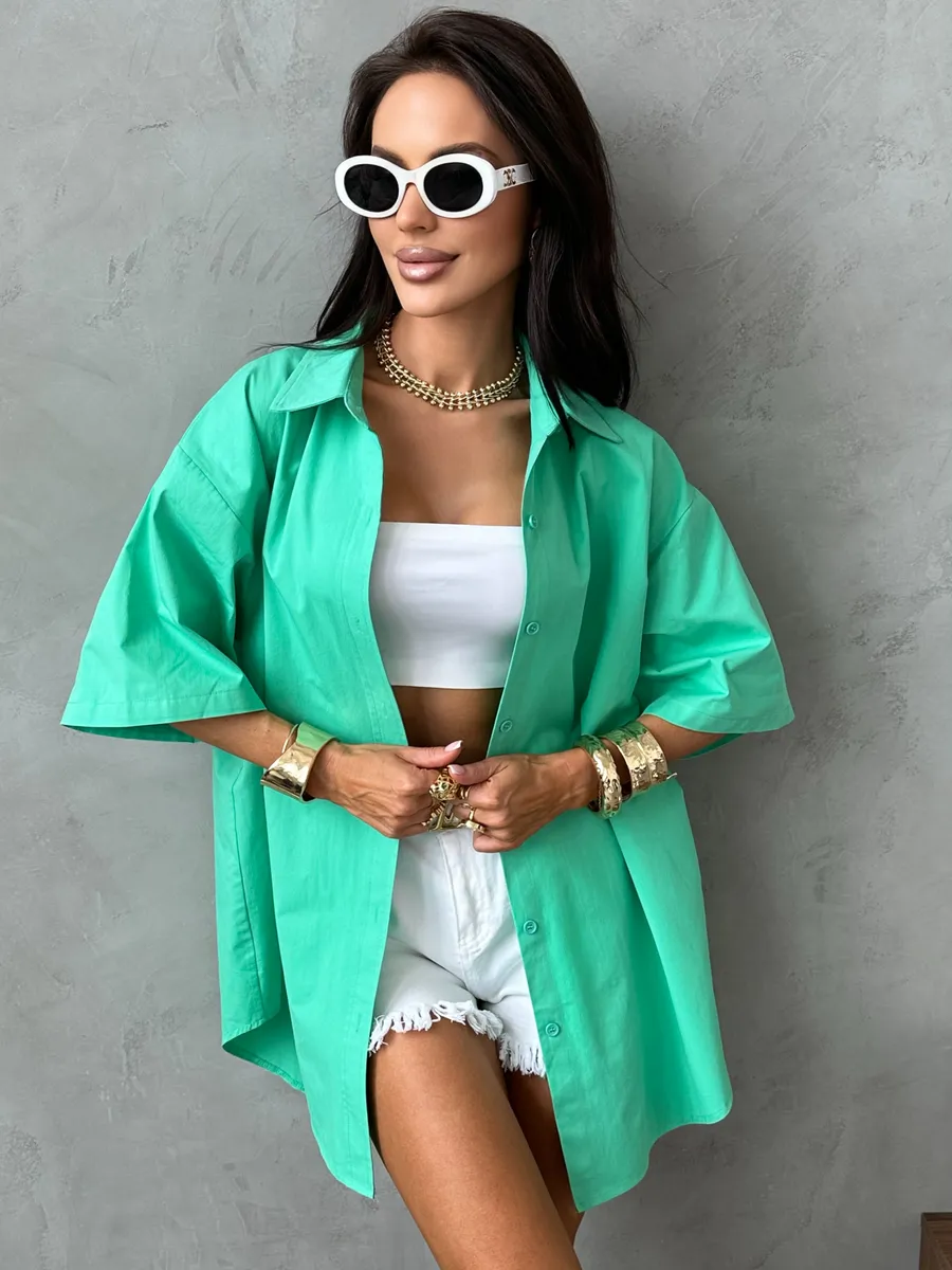 Зеленая рубашка оверсайз удлиненная