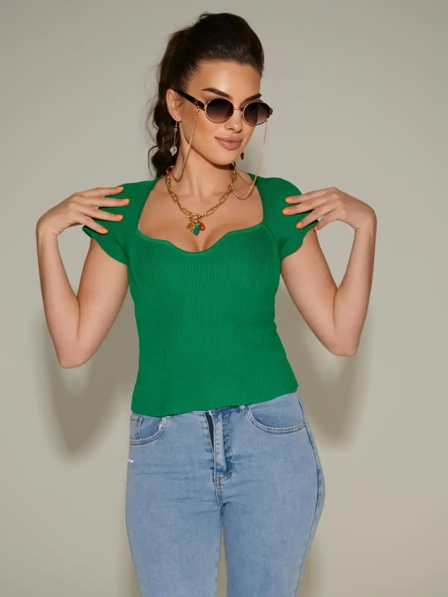 Зеленая блузка женская с коротким рукавом офисная школьная нарядная