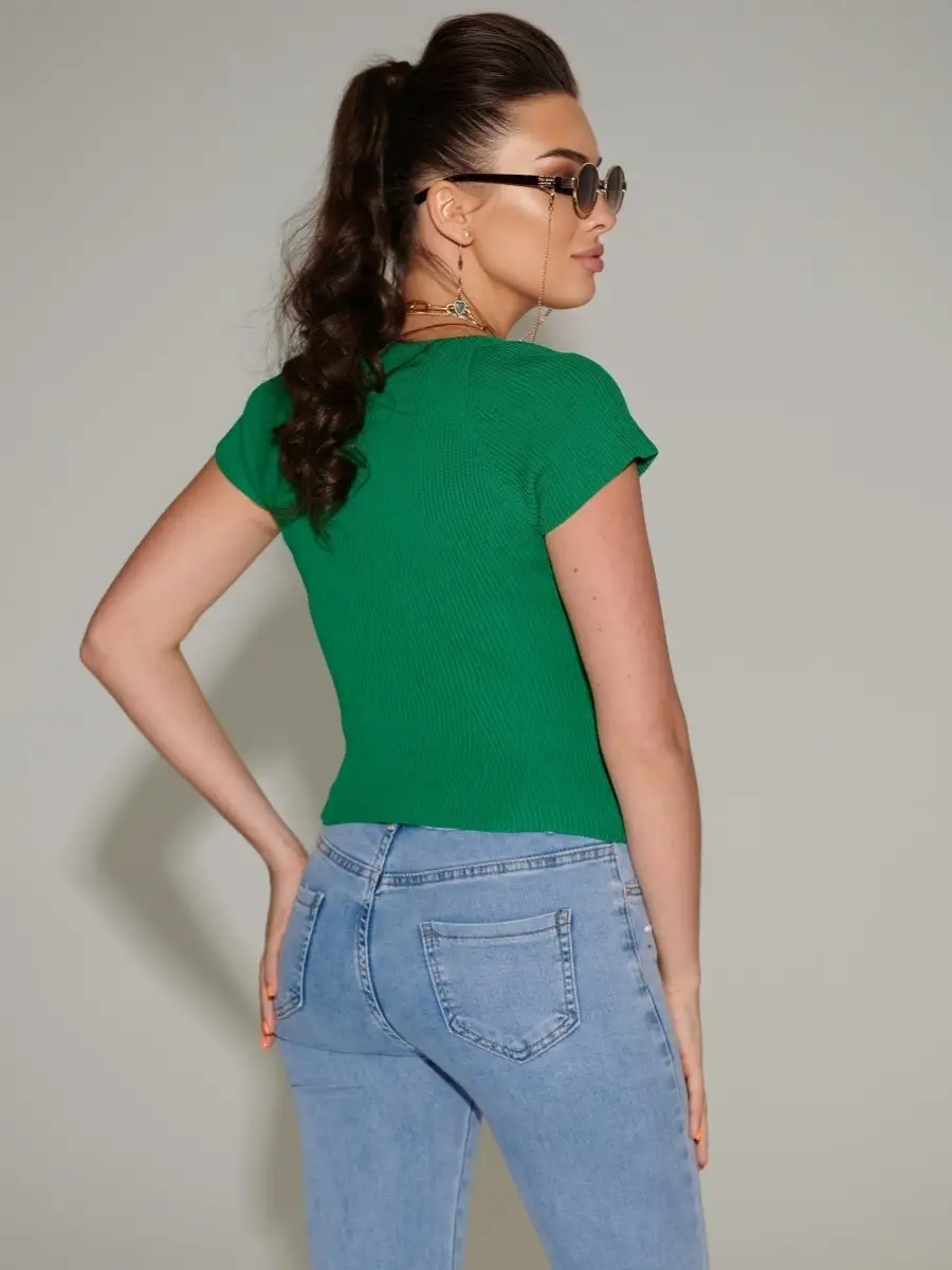 Зеленая блузка женская с коротким рукавом офисная школьная нарядная