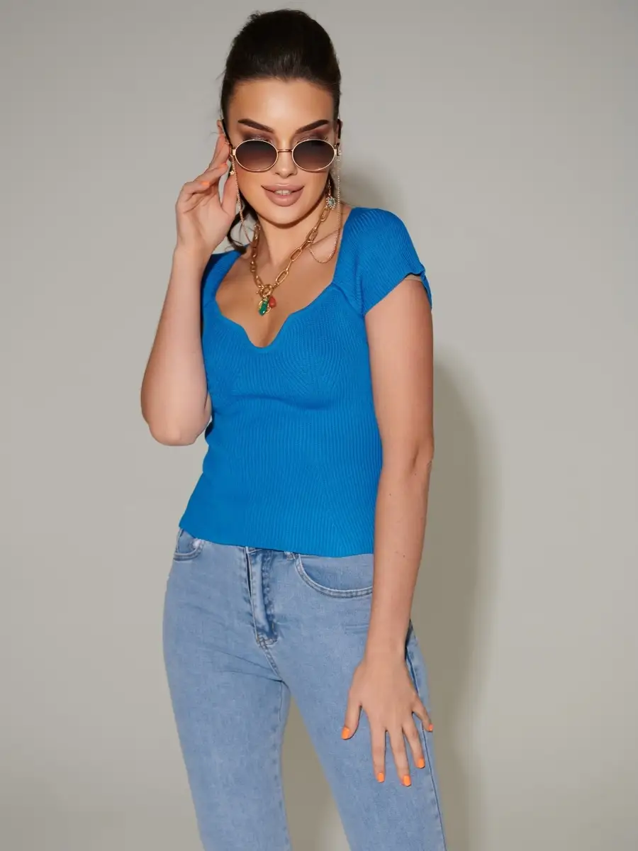 Синяя блузка женская с коротким рукавом офисная школьная нарядная