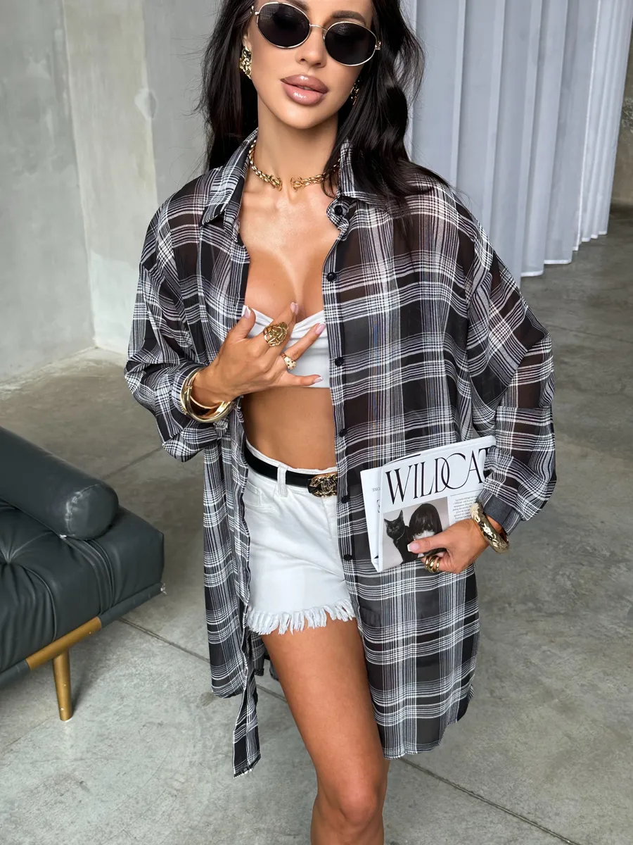 Серая рубашка оверсайз удлиненная в клетку