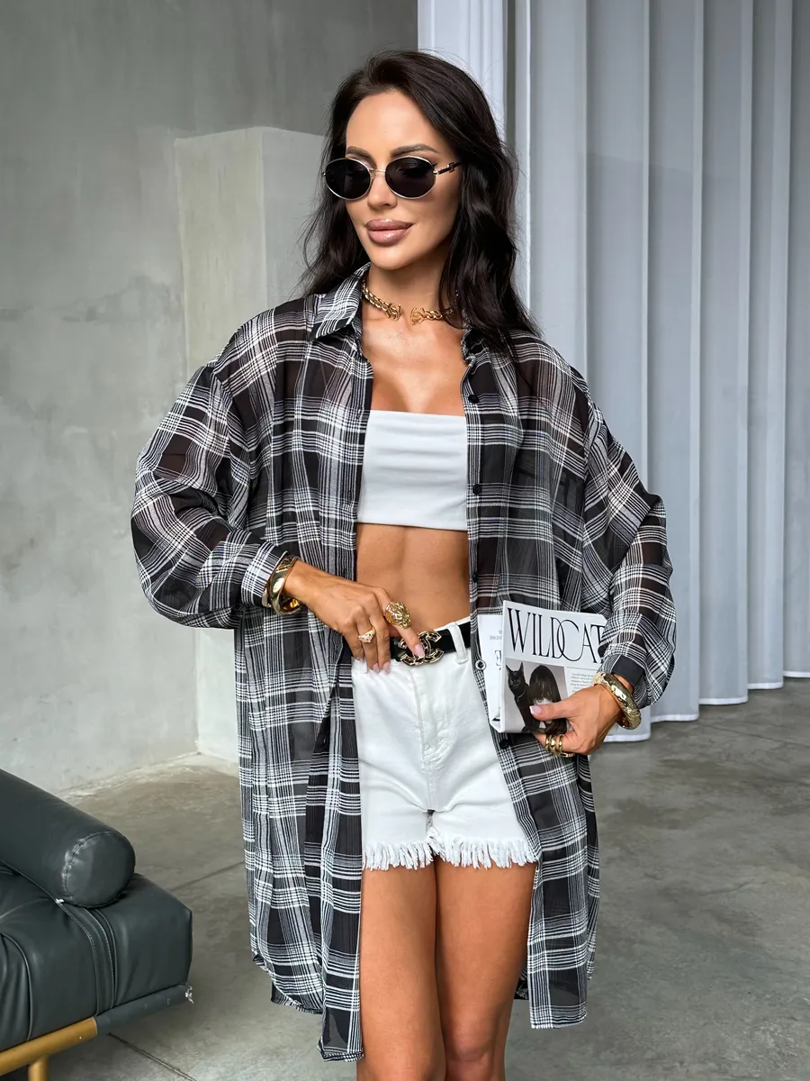 Серая рубашка оверсайз удлиненная в клетку