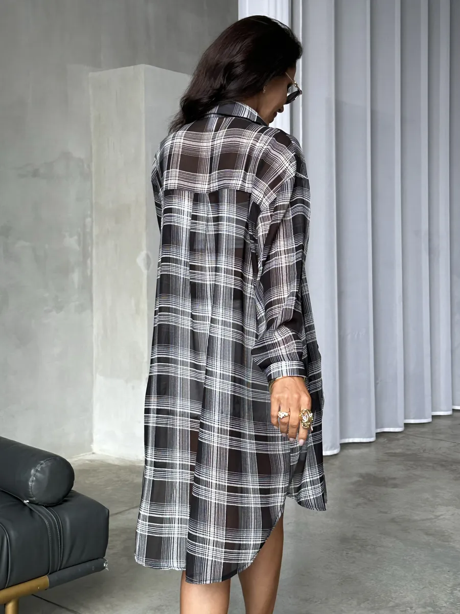 Серая рубашка оверсайз удлиненная в клетку