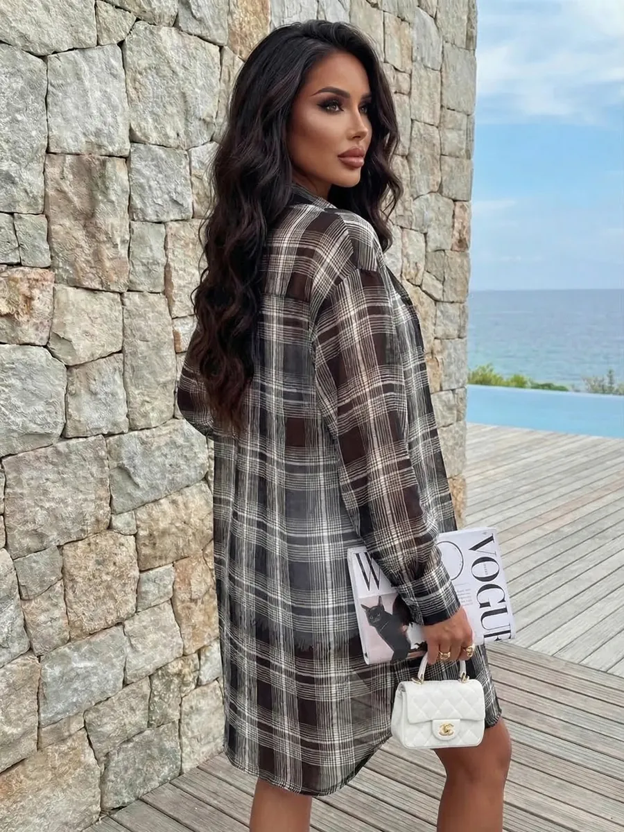 Серая рубашка оверсайз удлиненная в клетку