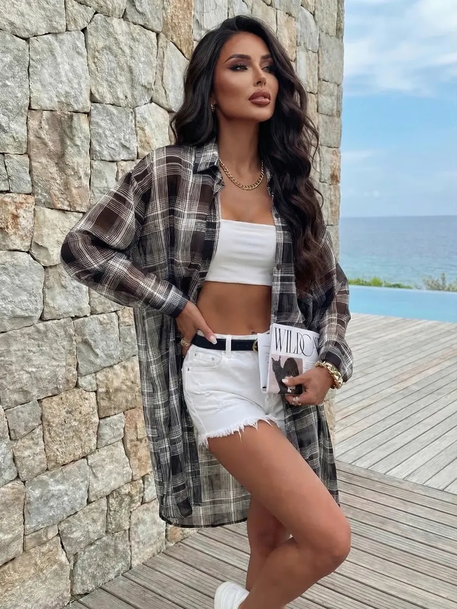 Серая рубашка оверсайз удлиненная в клетку