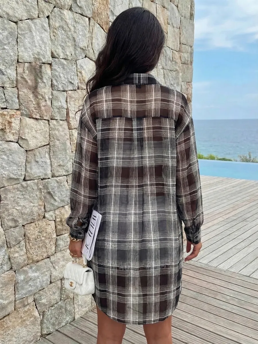 Серая рубашка оверсайз удлиненная в клетку