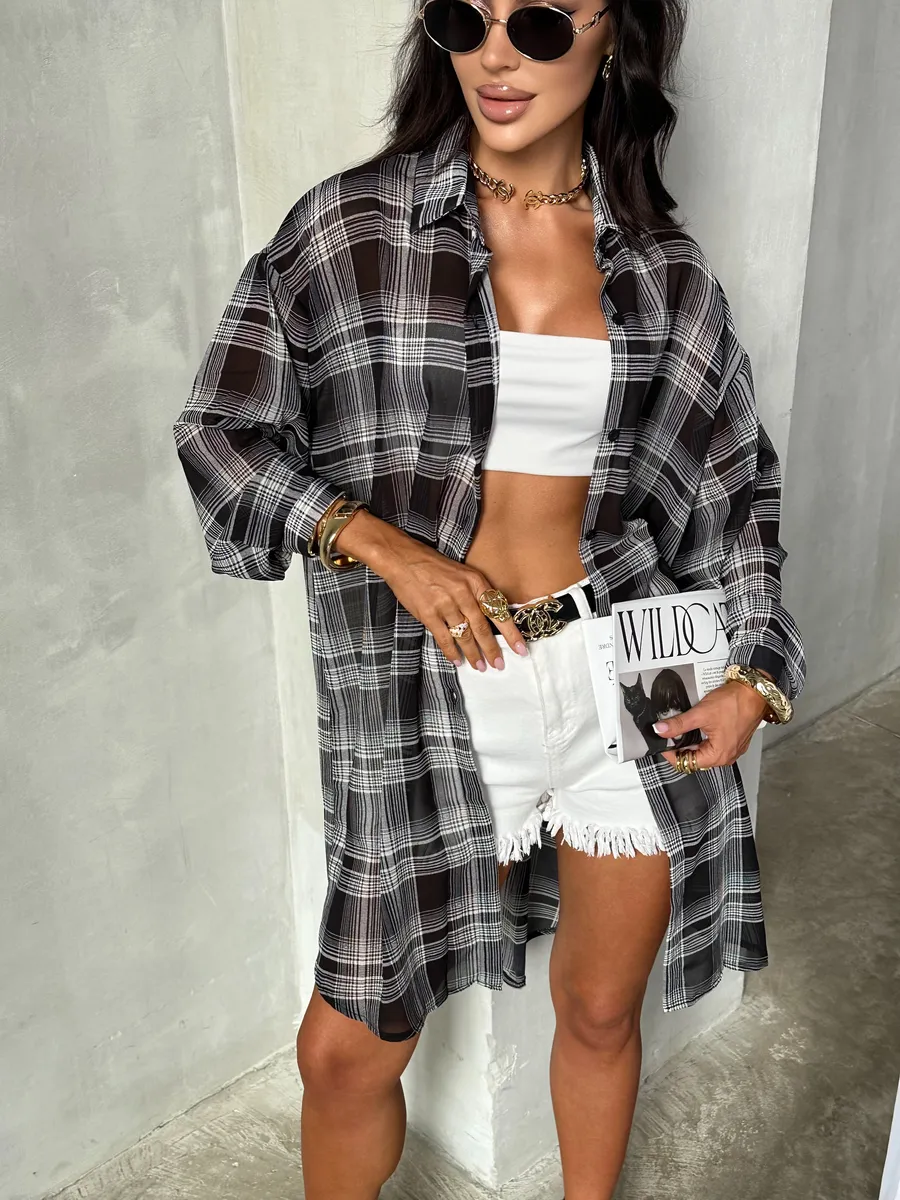 Серая рубашка оверсайз удлиненная в клетку