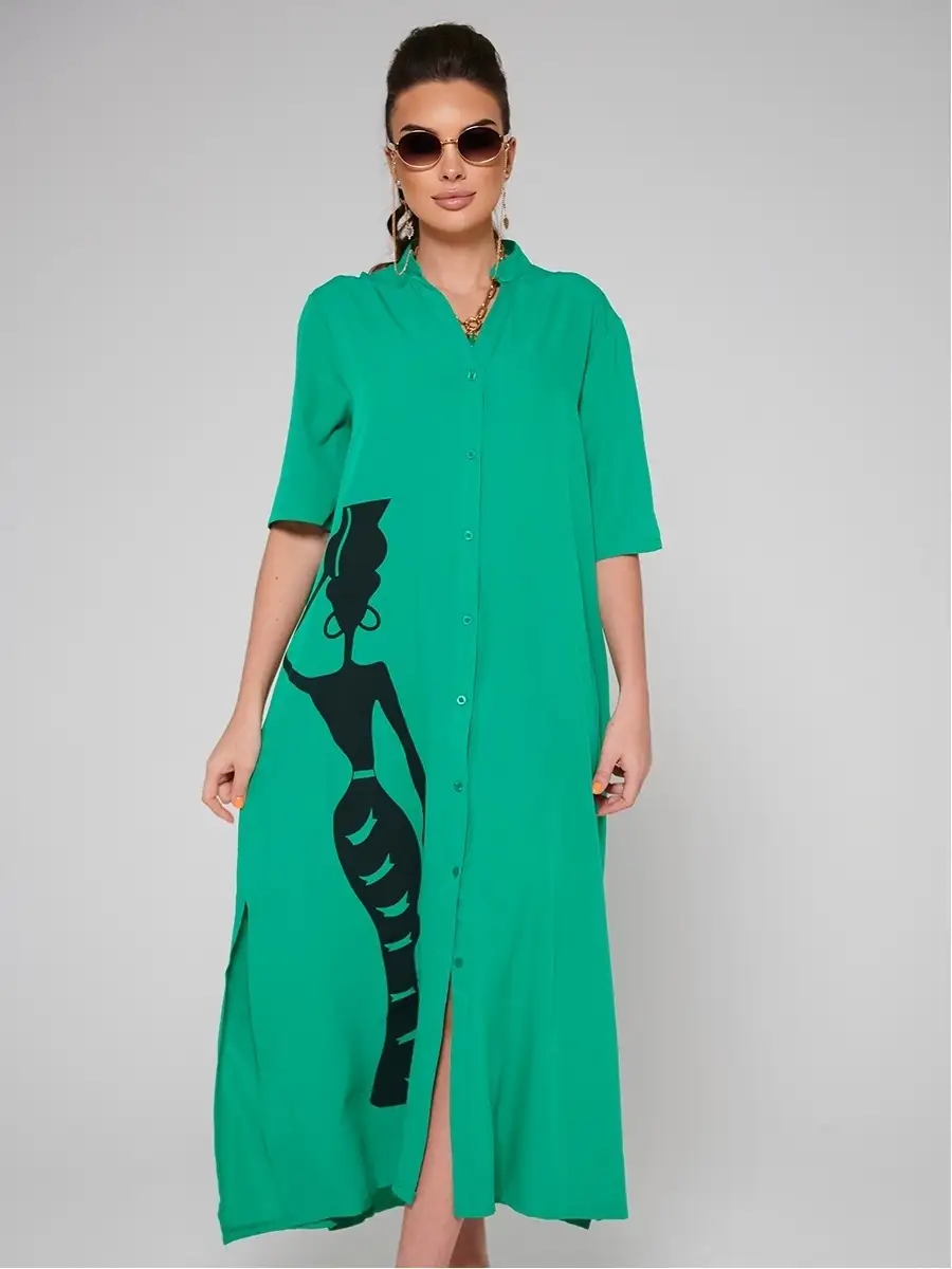 Зеленое платье рубашка летнее женское