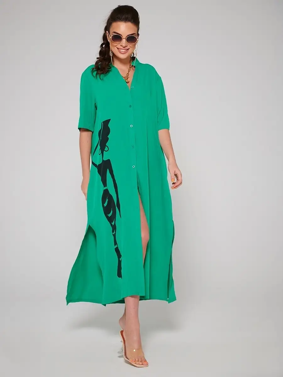 Зеленое платье рубашка летнее женское