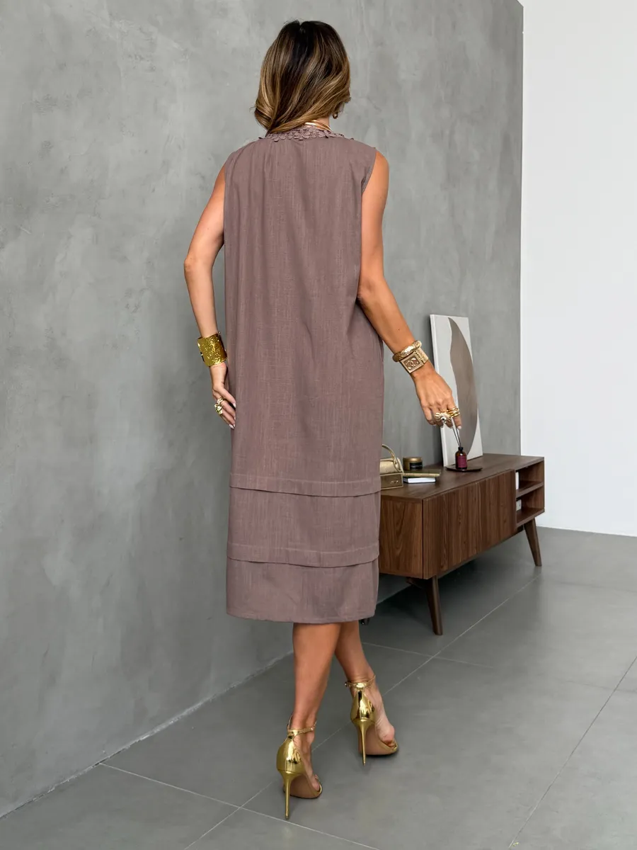 Коричневое летнее повседневное платье миди льняное с кружевом