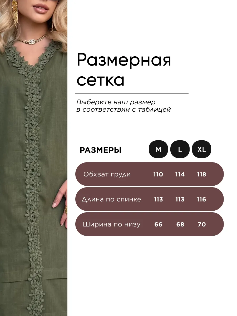 Зеленое летнее повседневное платье миди льняное с кружевом