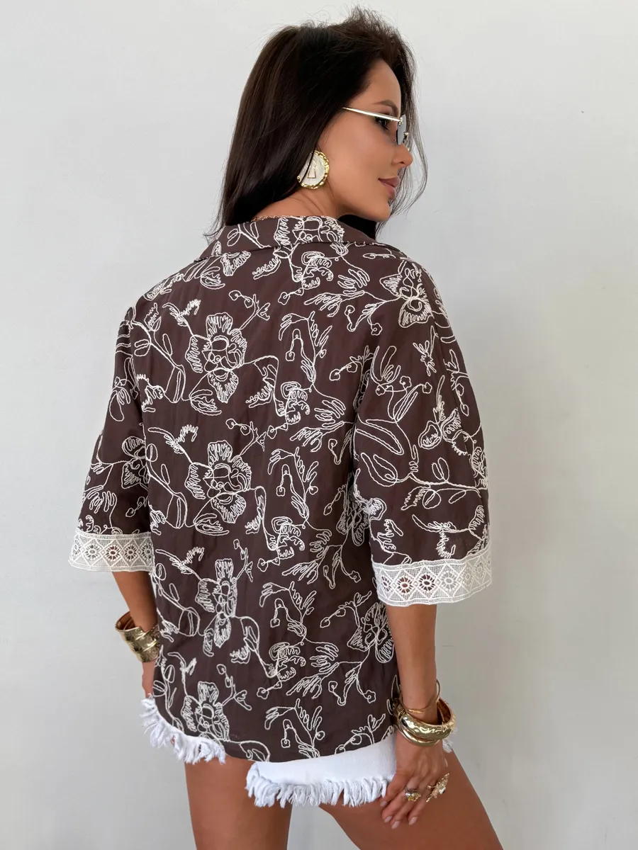 Коричневая блузка рубашка летняя льняная