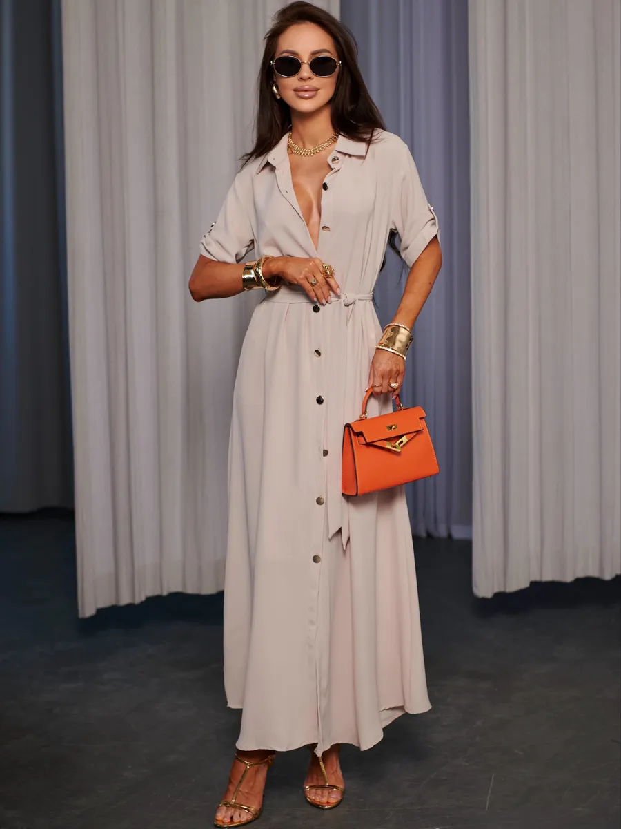 Бежевое длинное летнее платье повседневное