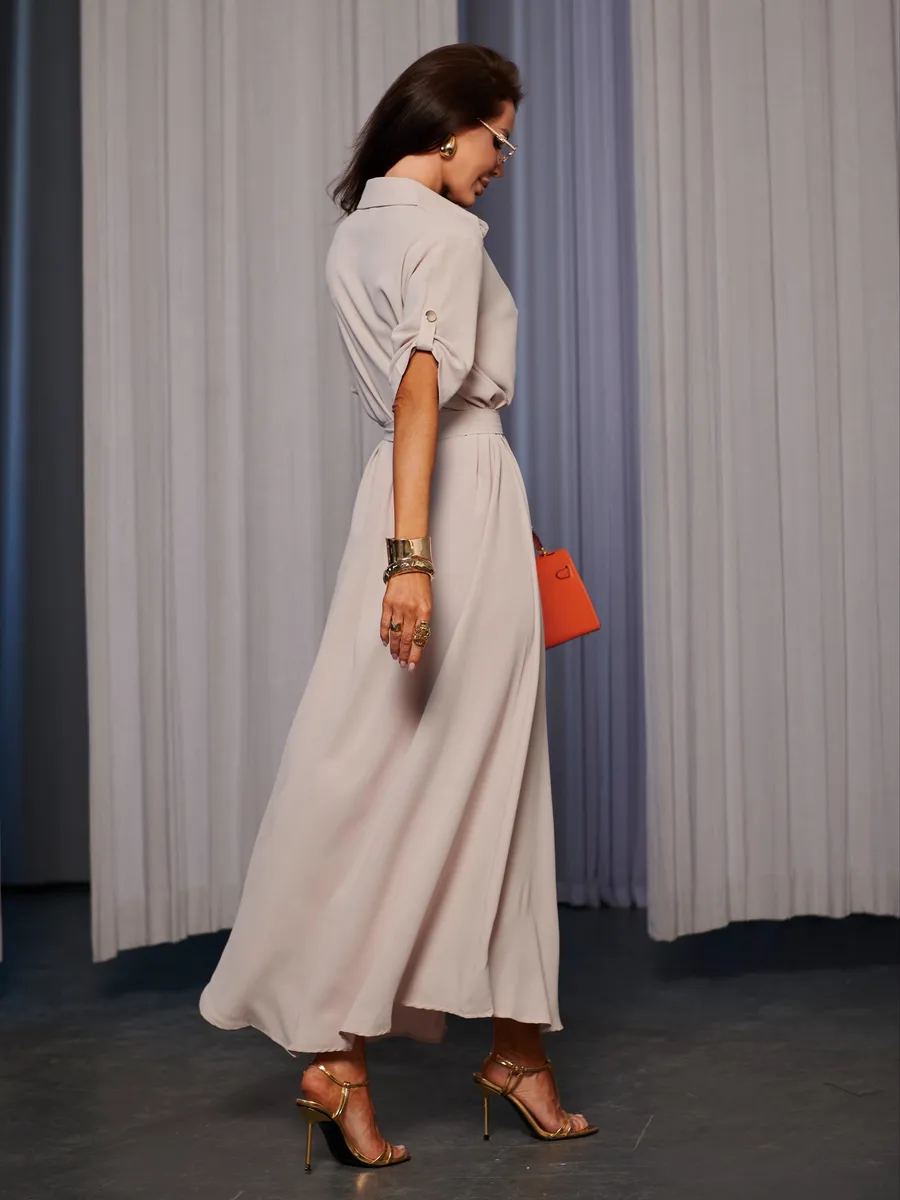 Бежевое длинное летнее платье повседневное