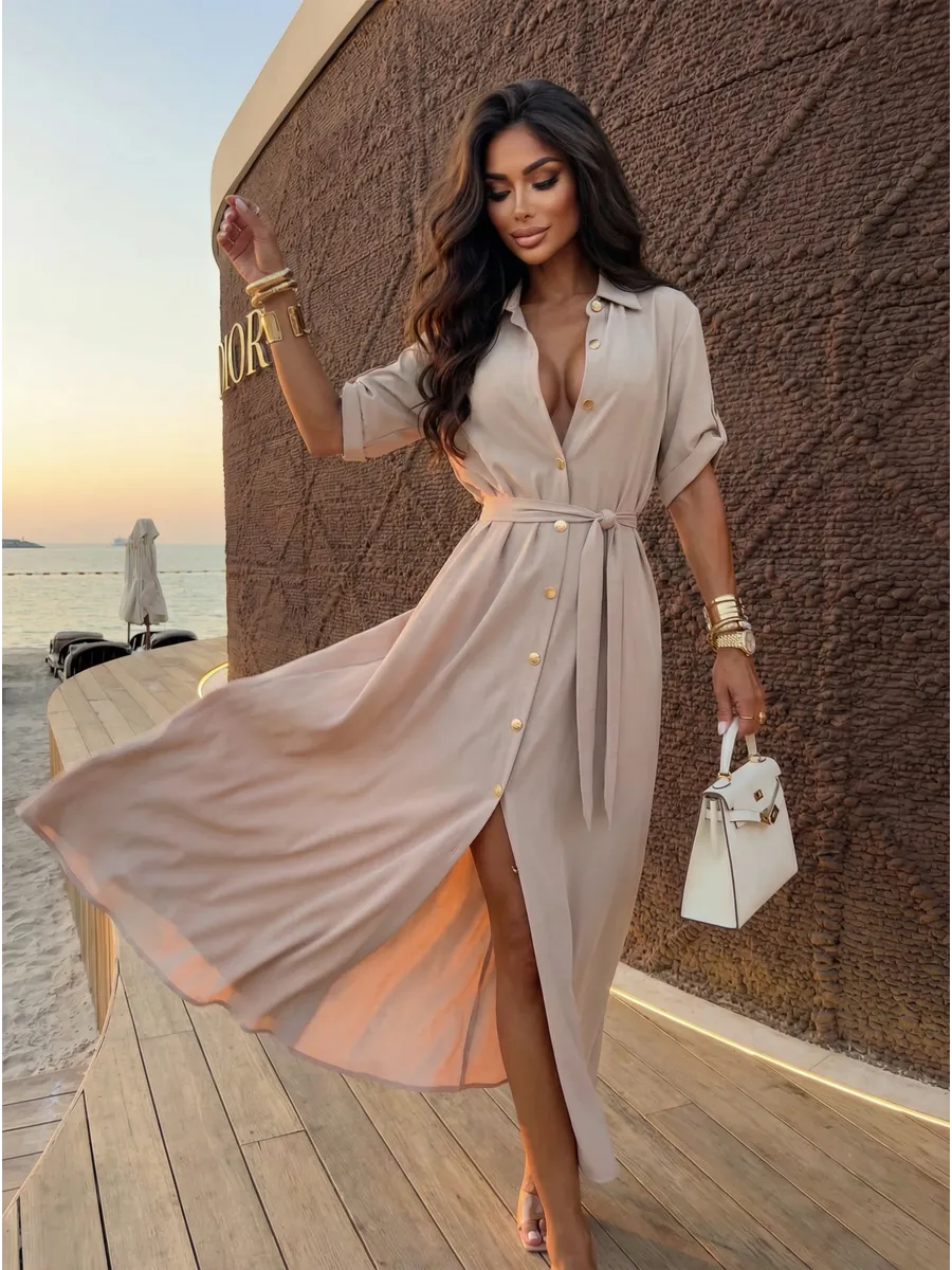 Бежевое длинное летнее платье повседневное