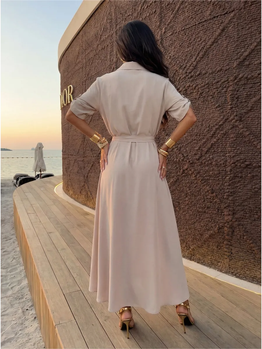 Бежевое длинное летнее платье повседневное