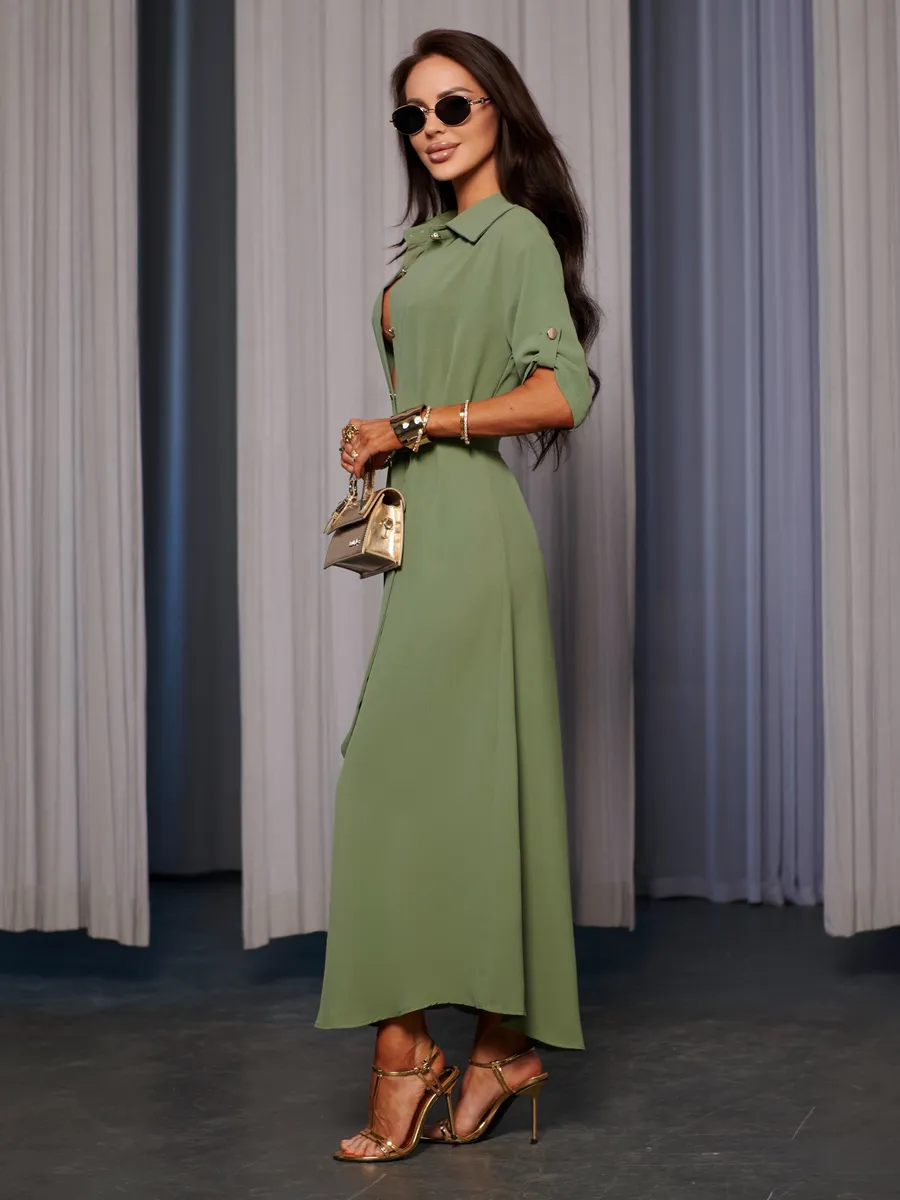 Зеленое длинное летнее платье повседневное