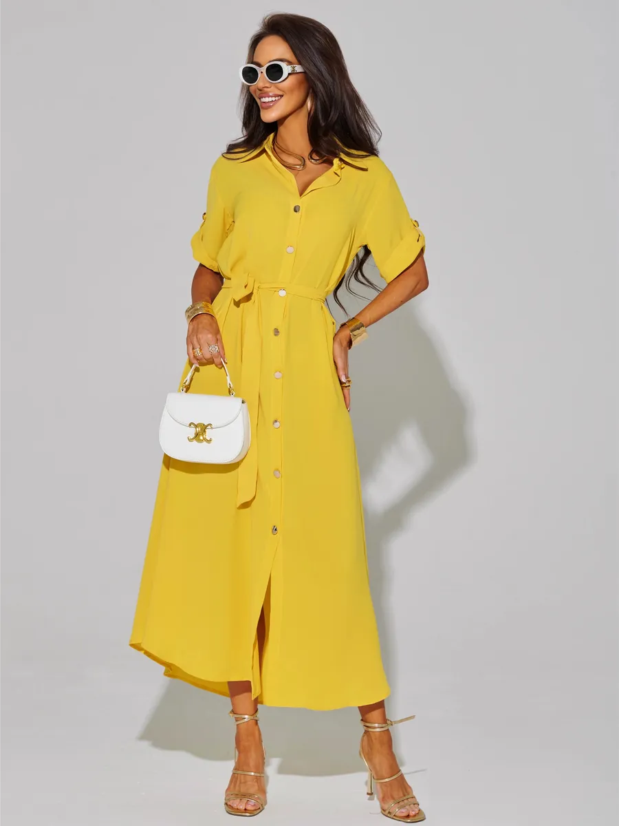 Желтое длинное летнее платье повседневное