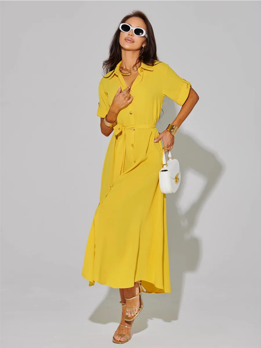 Желтое длинное летнее платье повседневное