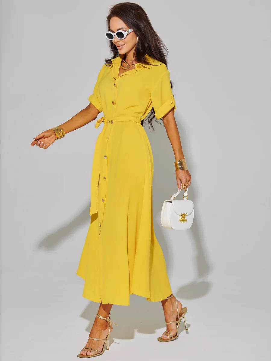 Желтое длинное летнее платье повседневное