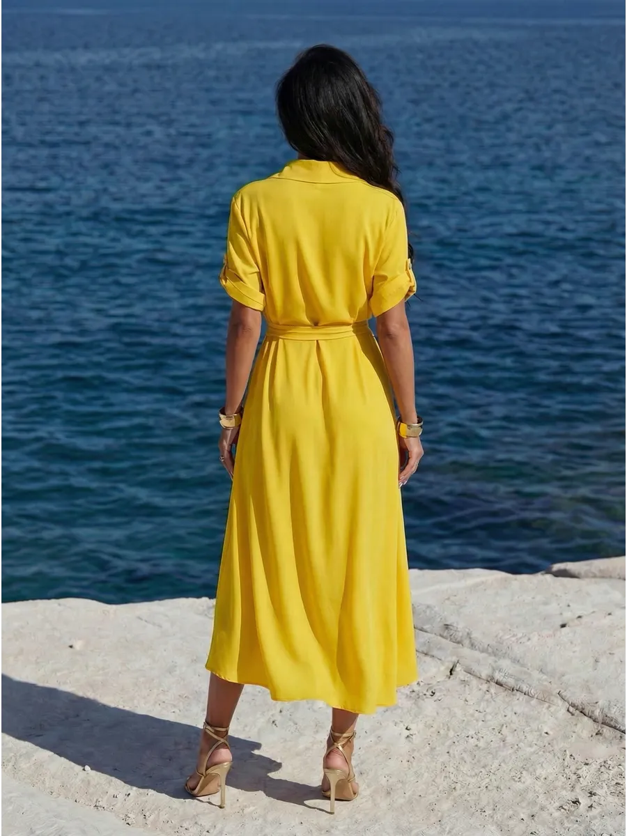 Желтое длинное летнее платье повседневное