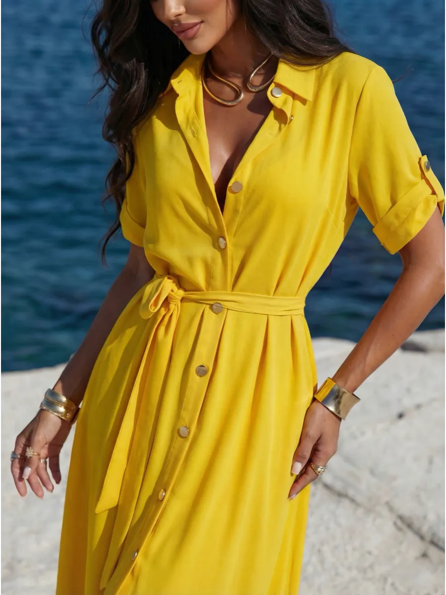 Желтое длинное летнее платье повседневное