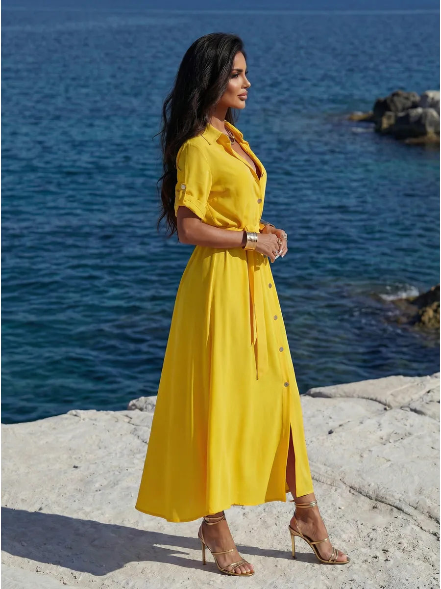 Желтое длинное летнее платье повседневное