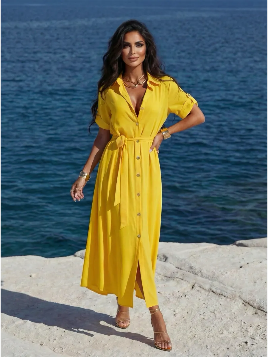 Желтое длинное летнее платье повседневное