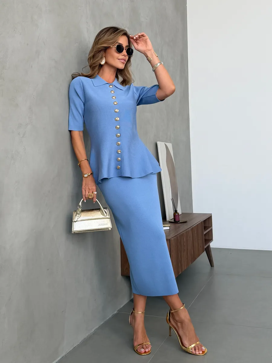 Синий костюм с юбкой праздничный трикотажный