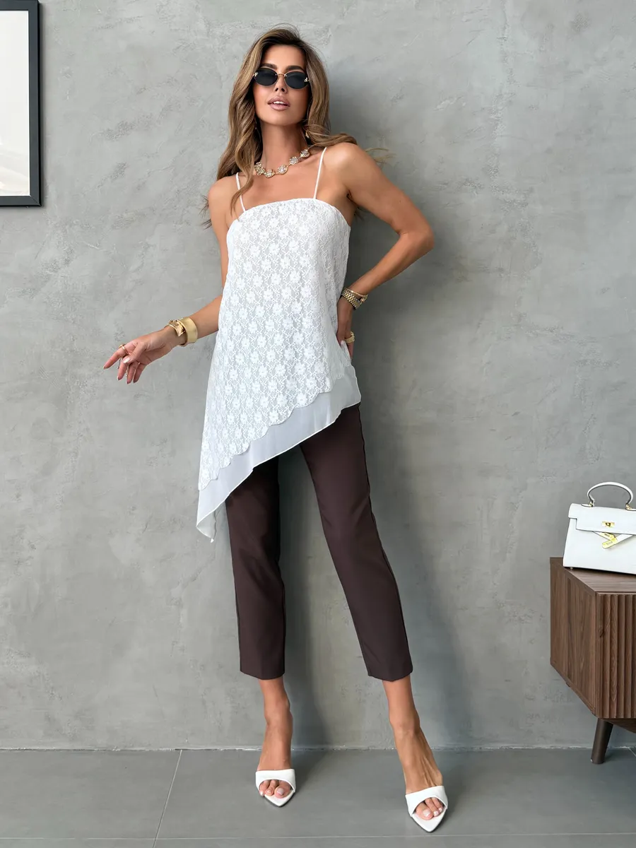 Белый удлиненный вечерний топ кружевной асимметричный